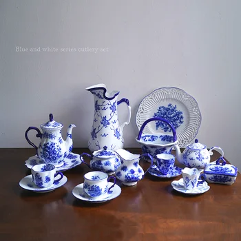 Európai kézzel festett Kínai kék-fehér sorozat kosár színes kerámia délutáni tea set asztali tányér, edény